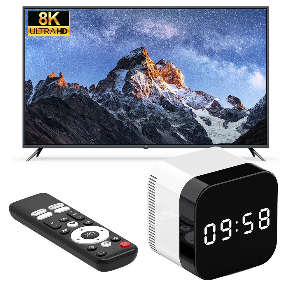 Media Player Android 14.0 WIFI 6 BT 5.X TV Box 8K Alarm Clock Android TV Box with 2.4G Voice Remote Control