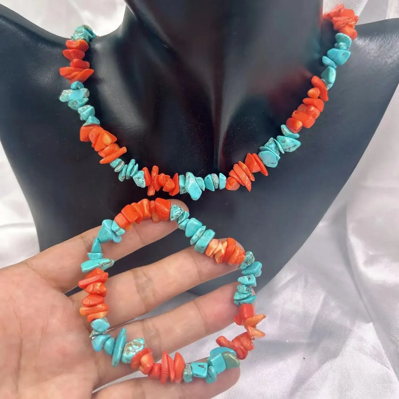 6-8mm Vintage Cute Elegant Chips Natural Sea Bamboo Orange Coral Turquoise Women Short Necklace Bracelet Jewelry Set 17