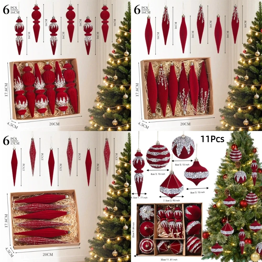 Flocked Christmas Tree Flocking Pendant Kit Glitter Red Christmas Flocked Balls Set Sparkling Plastic Christmas Tree Ornaments 6