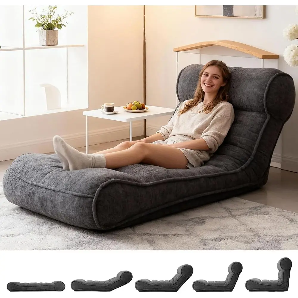 Sillón Reclinable Tipo Puff de 5 Posiciones, Sofá Ajustable para Adultos con 83 cm de Longitud y Tela de Algas Marinas en Gris