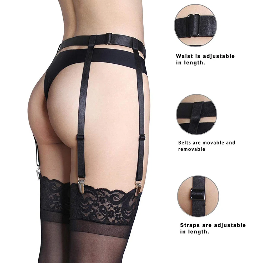 Black Simplicity Sexy Garter Belt for Women Thigh High Stockings Adjustable Elastic Leg Sock Suspenders Belt 4/6 Metal Clips