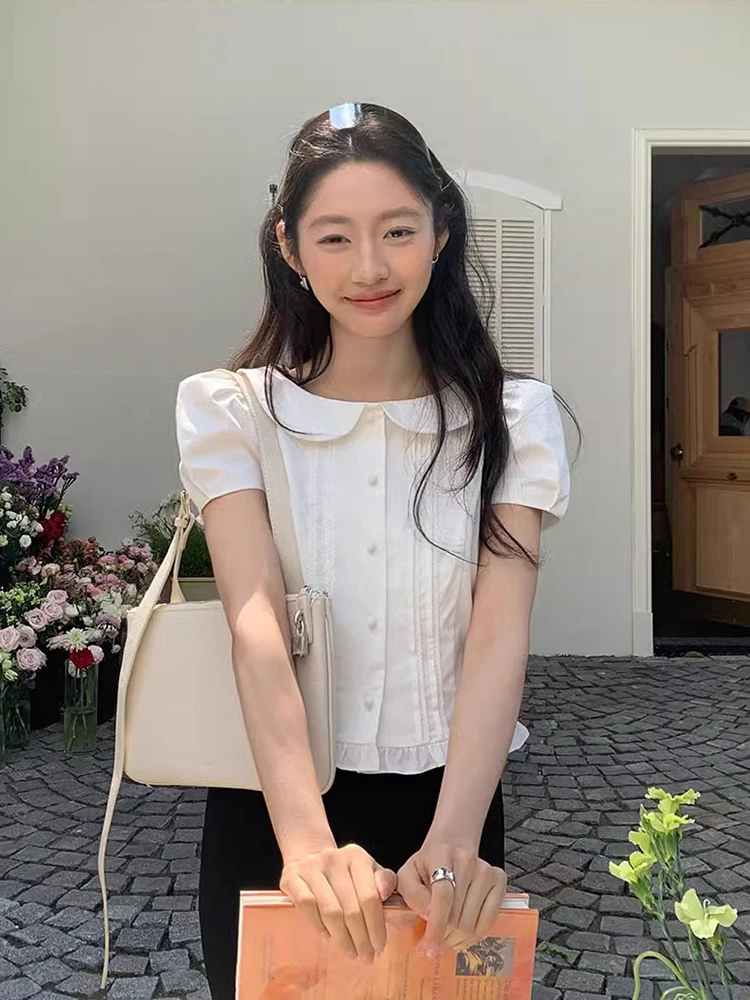 

Chic Summer Sweet Anti-Aging Doll Collar Pleated Splice Wooden Ear ort Bubble Sve irt Women's Korean Sle Loose Fit