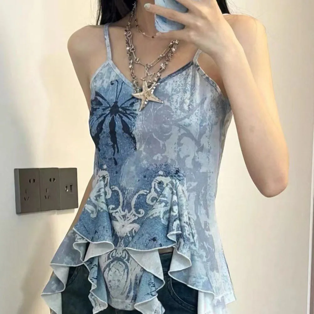 Slim Fit Blue Camisole with Irregular Hem & Frilly Details - Hot Girl Style Summer Top for Daily Wear & Commuting Wind
