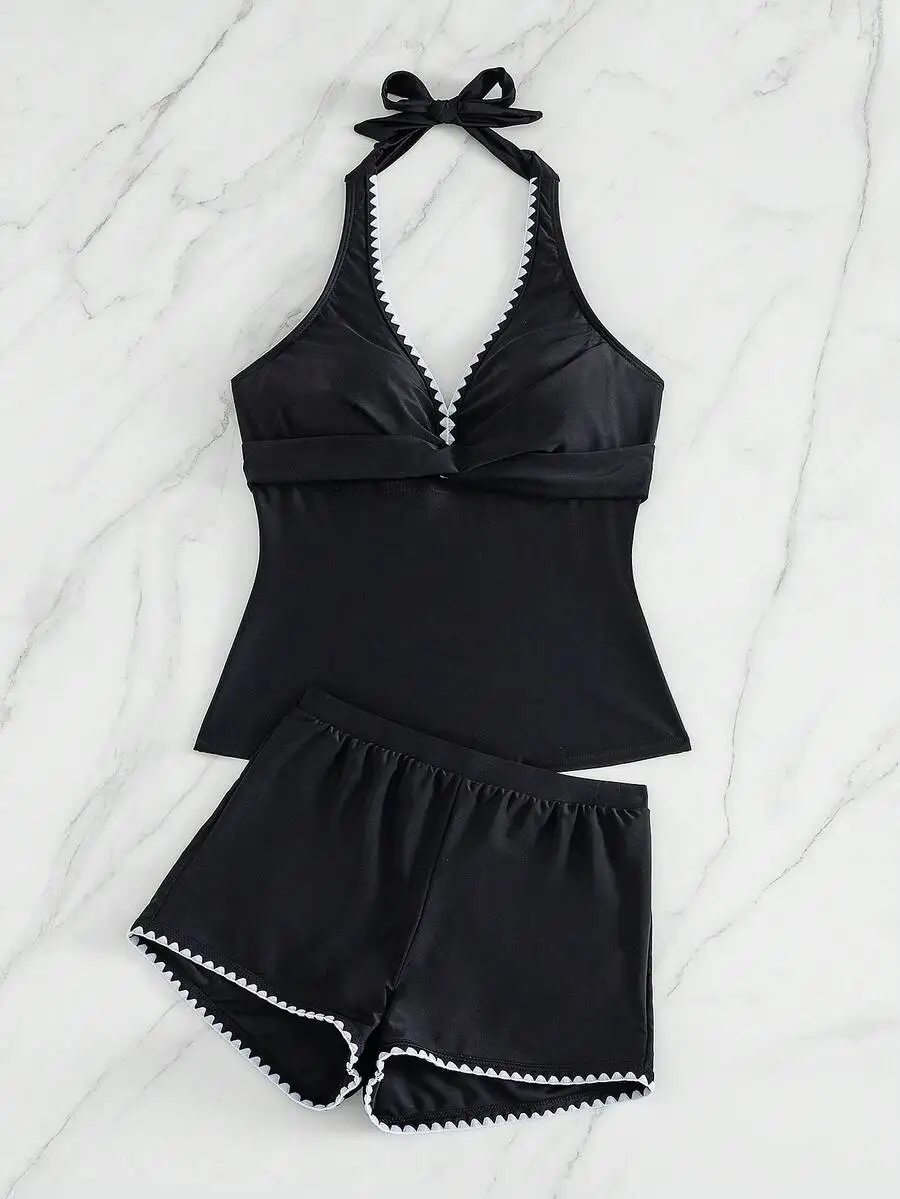 

Womens Solid Black Halter Neck Two Piece Swimsuit With Scallop Trim And Crisscross Front