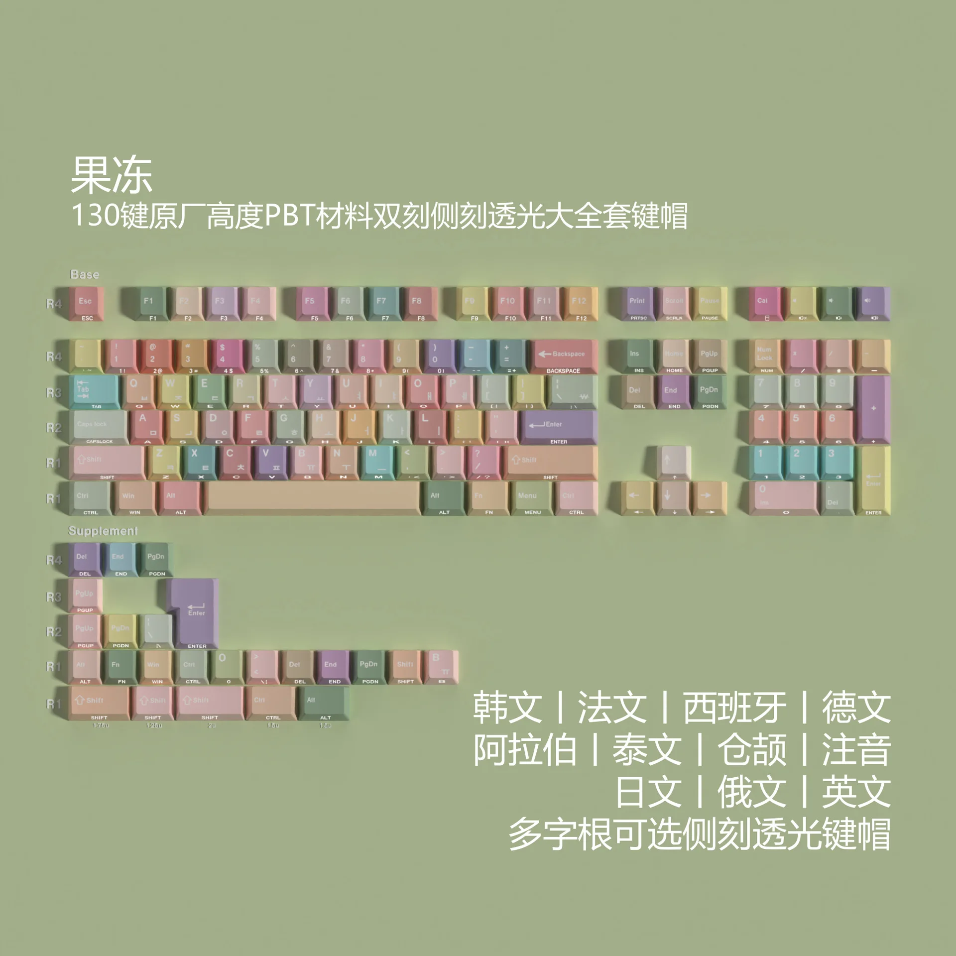 Jelly double engraved light transmission Pbt original full set of keycaps Korean Russian Thai small language Wooting