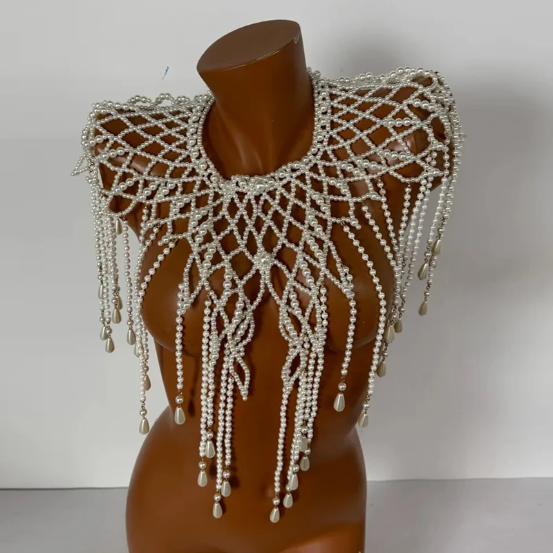 Vintage Damen Perlen-Körperkette, Schal mit Quasten, Perlenbesetzter Schulterumhang für Hochzeit, Brautparty, Abendkleid, Schmuck – Detail 2