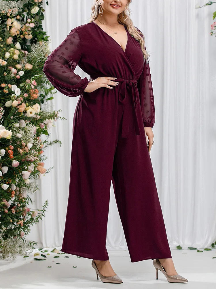 GIBSIE Plus Size Swiss Dot Mesh Sleeve Belted Jumpsuit Women Spring Summer V-Neck Loose High-waisted Elegant Wide Leg Jumpsuits image 3