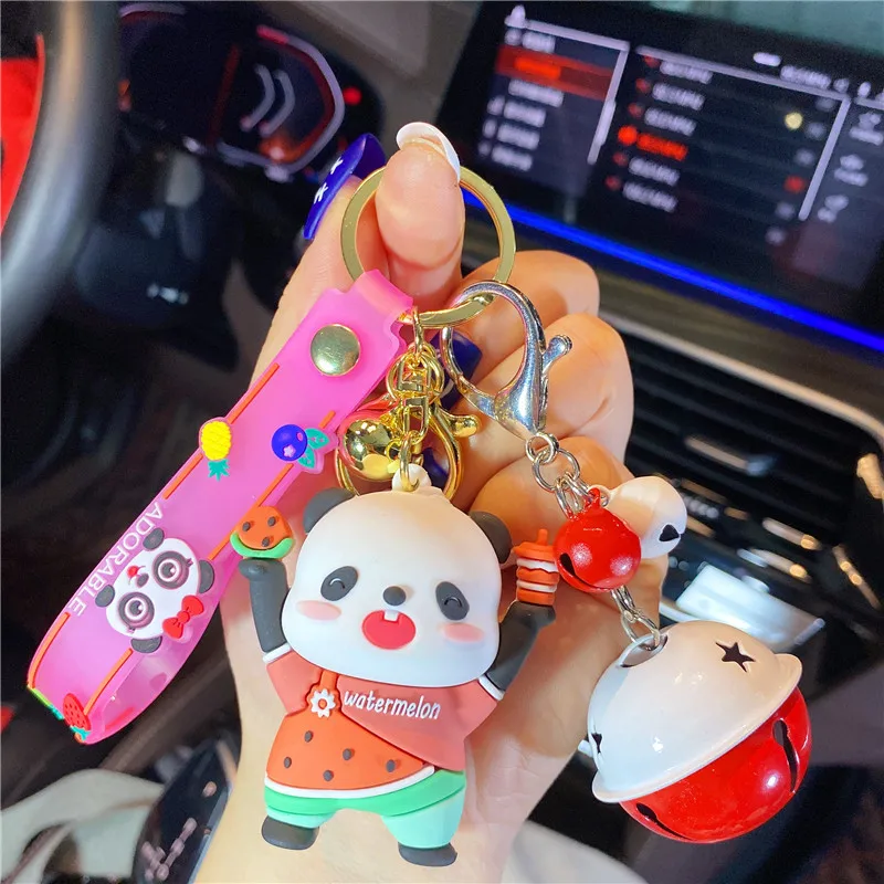 Cartoon Hold Up Fruit Pineapple Strawberry Drink Panda Key Chain Girl Bag Trinket Cute Watermelon Grape Apron Panda Doll Keyring