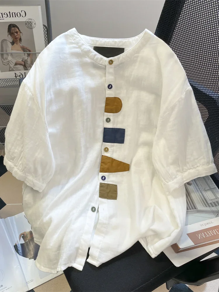 

Hikigawa Chic Fashion Women Japanese Patchwork Cotton Linen Shirts Summer Loose Casual Vintage O Neck Short Sleeve Tops Mujer