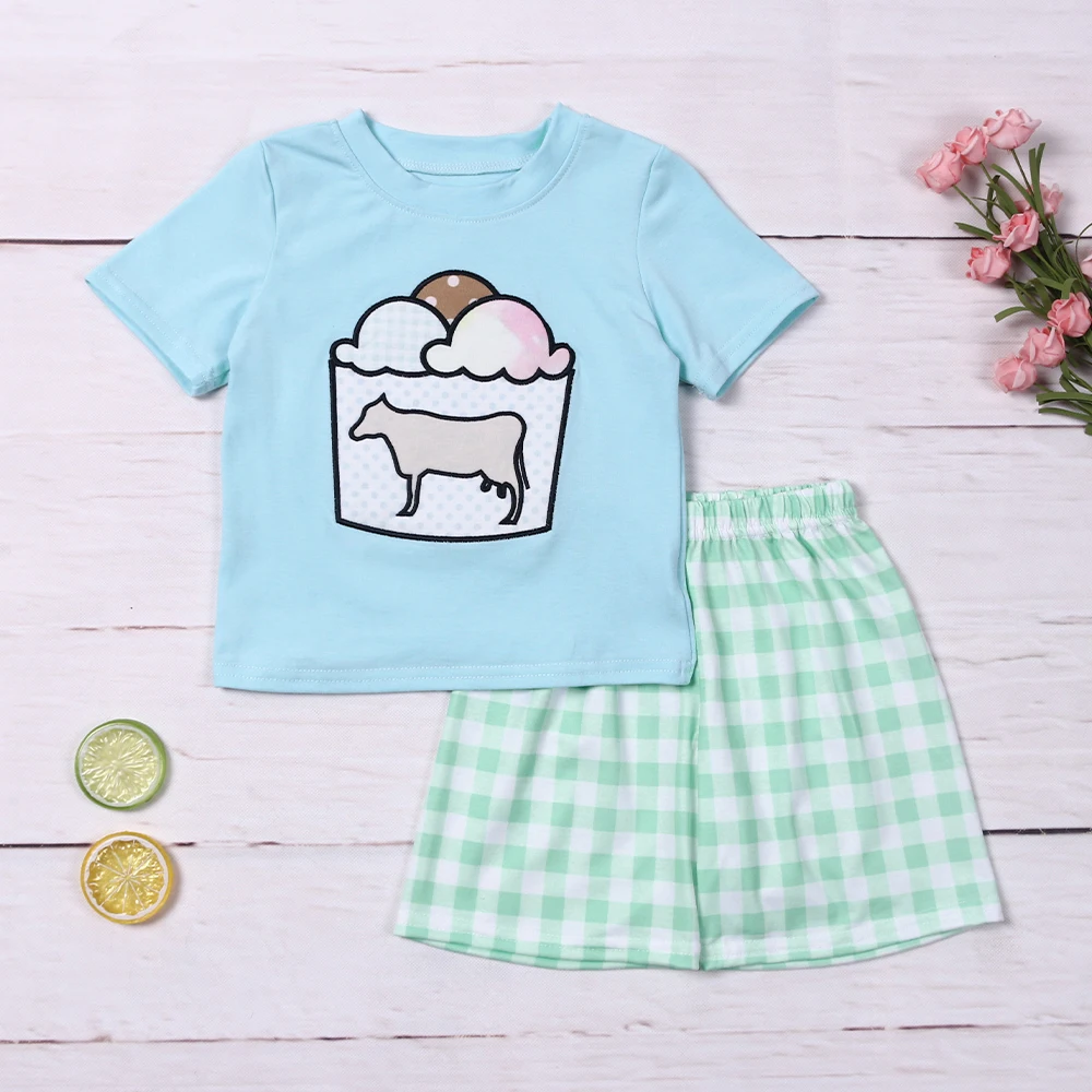 

Ropa Baby New Kids Cotton Short Sleeved Blue T-shirt Set Round Neck Cow Pattern Boy Top Clothes And Green Lattice Short Suit