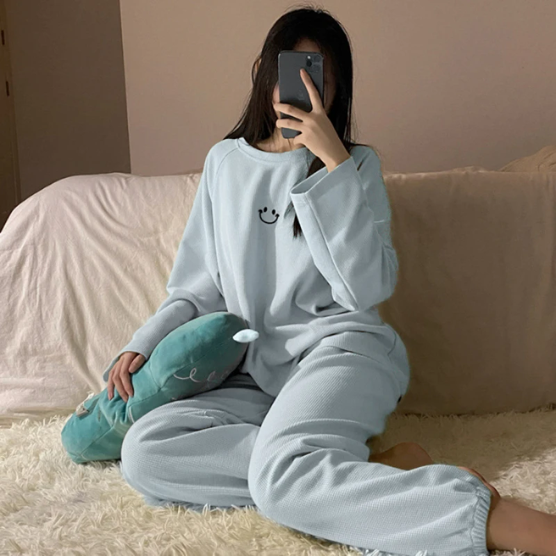 2024 Autumn Women Pajama Sets Smile Face 2 Pieces Sleepwear New Leisure Korean Long-sleeved Pants Suit Student Homewear Clothes