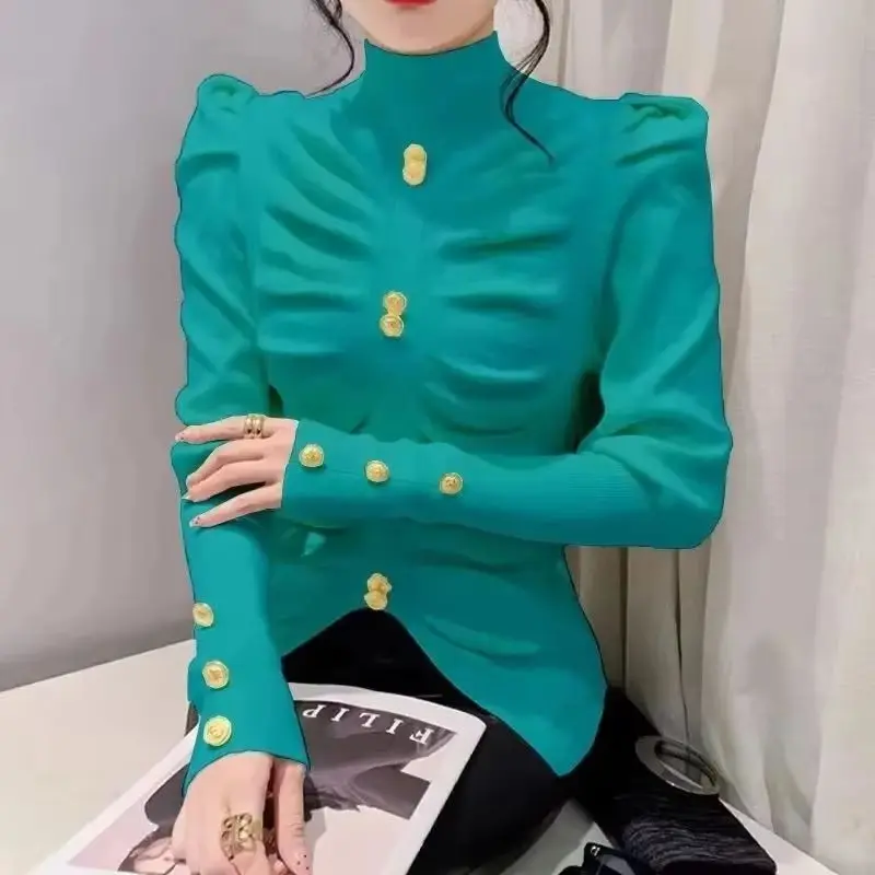 

Semi-Turtle Neck Sweater Women Puff Sleeves Slim Knit Bottoming Shirt Autumn Winter New Fashion Female Wearing Sweater Lady Tops