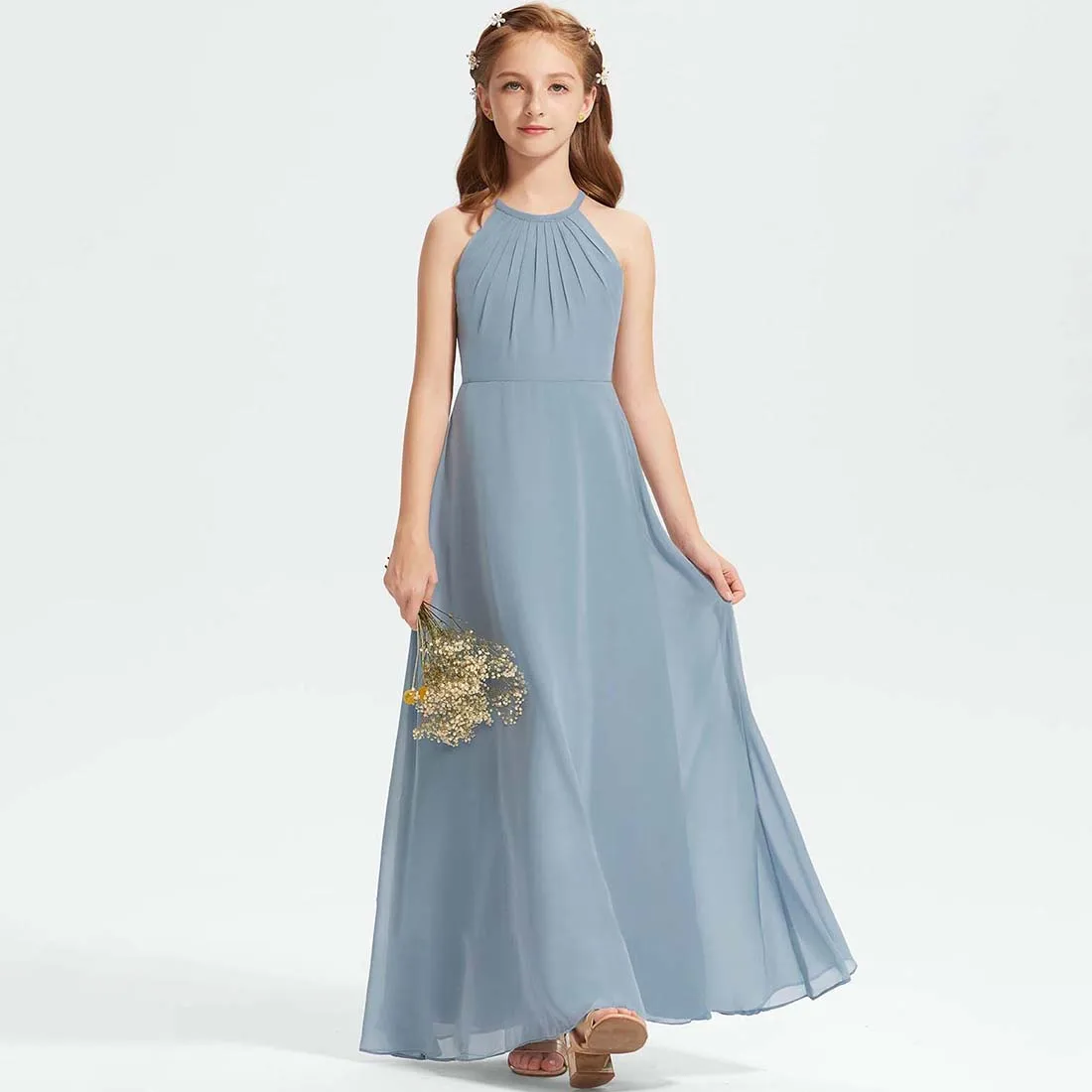 YZYmanualroom Chiffon Junior Bridesmaid Dress A-line Halter Floor-Length 2-15T