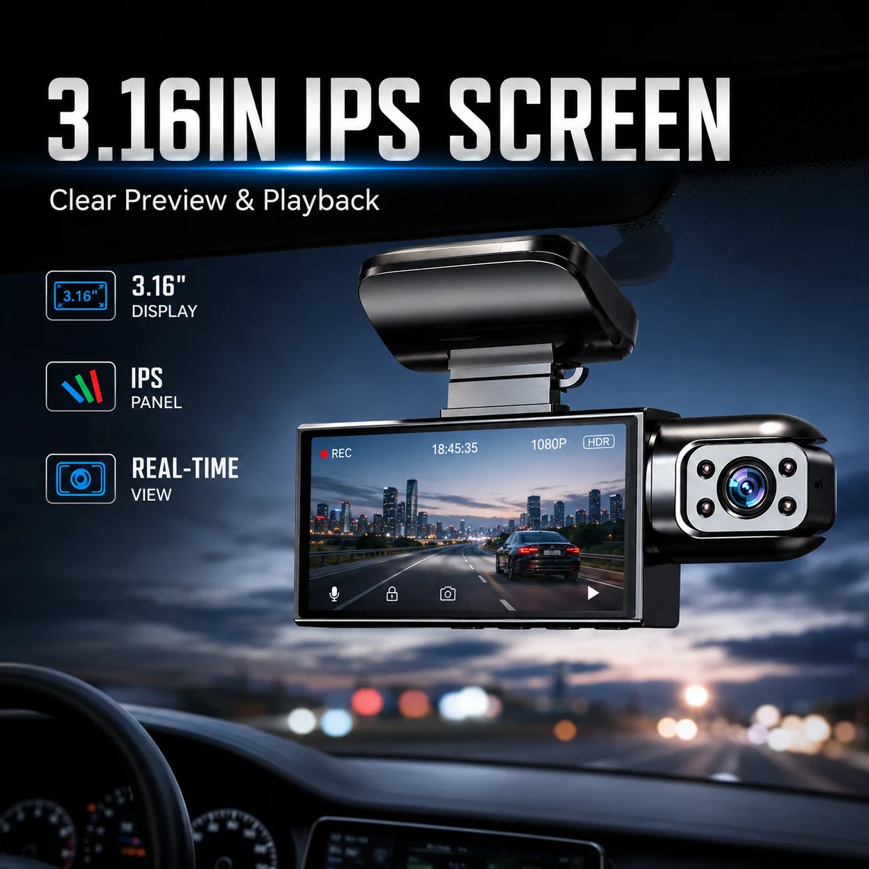 Dual‑Lens Dash Cam 1080P Front & Inside Recording 3.16 Inch IPS Screen IR Night Vision Loop Recording Motion Detection Multi‑Language Car DVR