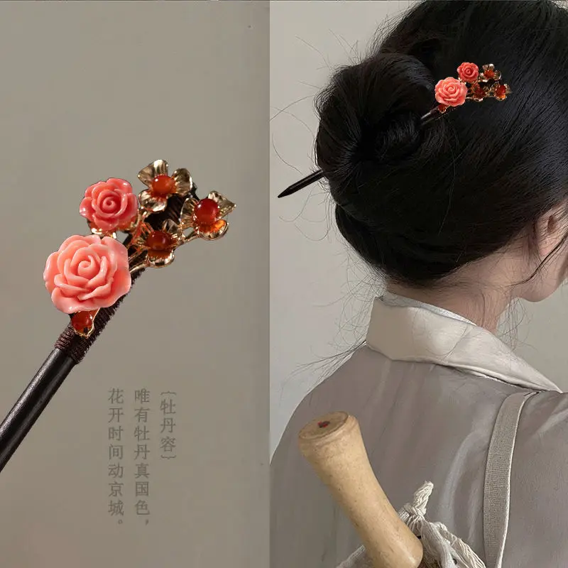 Antique hairpin Tassel walking wooden hairpin Female imitation ebony headdress Disc hair Hanfu accessories Antique hairpin hair
