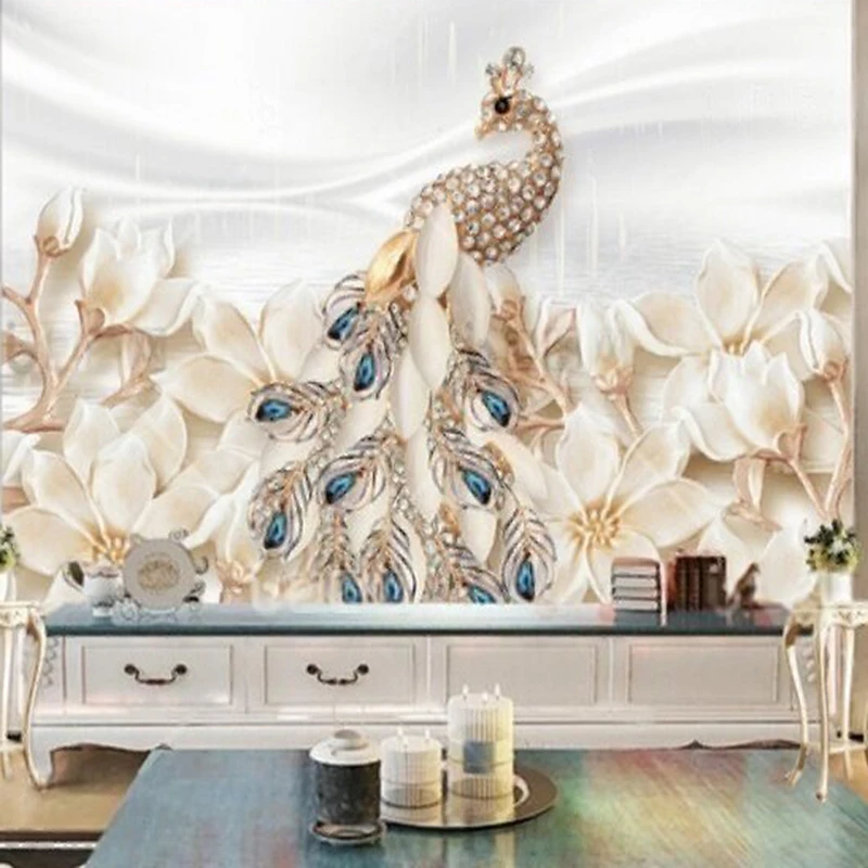 

Custom 3D Jewelery Peacock Pattern Wall Mural Home Decor Living Room & Bedroom Wallpaper Wall Art Background Printing