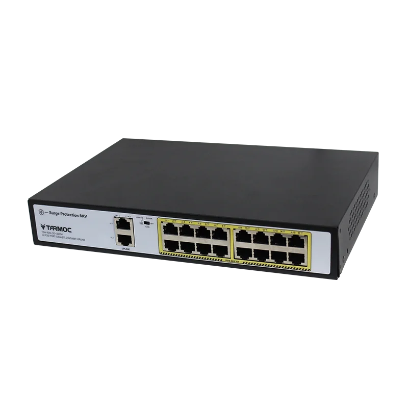 Tarmoc POE Switch 16 Port 1Gbps, 2 Port Uplink 1Gbps（Ethernet）, 802.3af/at, Max total output 240 Watt, 8KV Surge Protection，VLAN