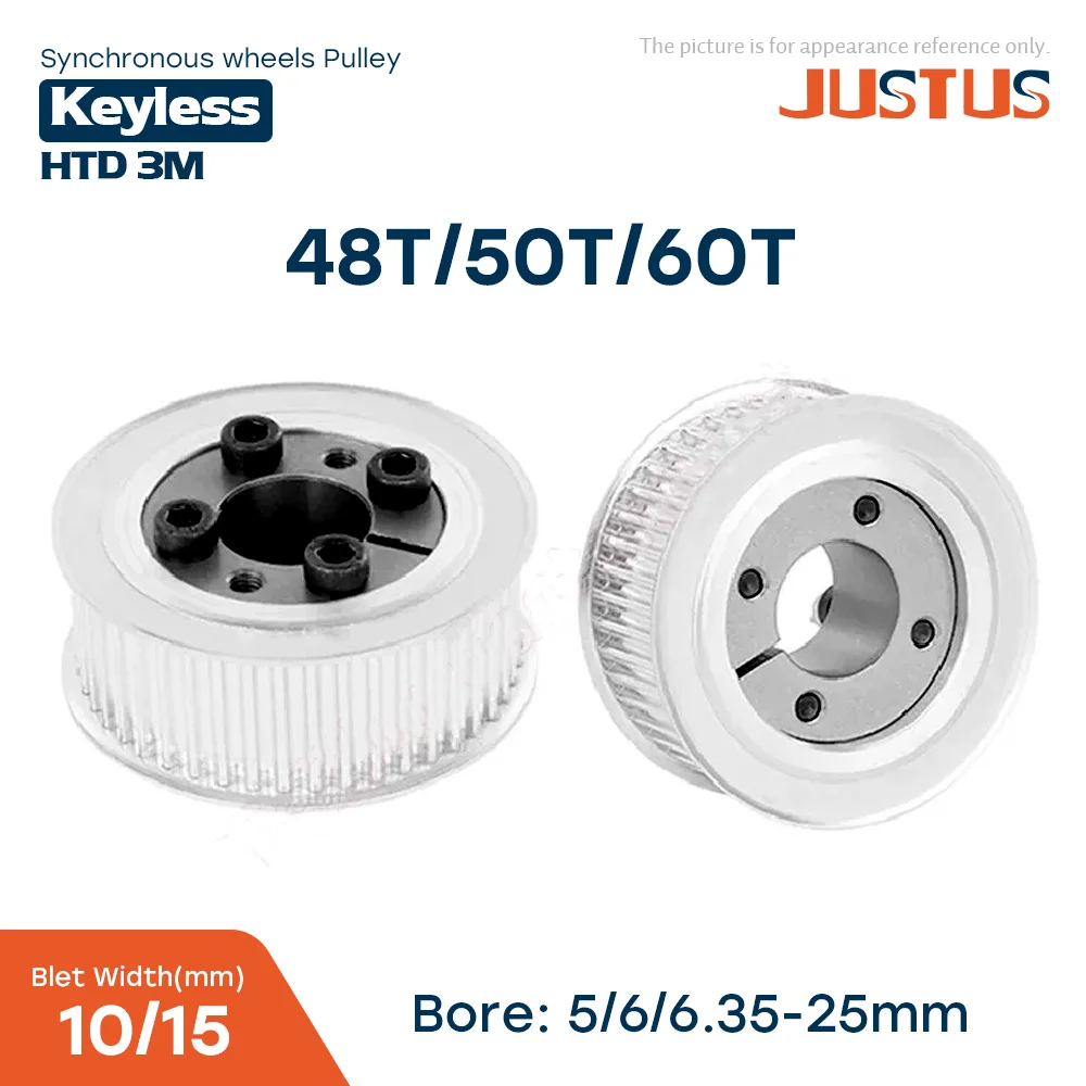 

HTD 3M 48T/50T/60 Teeth Timing Pulley Keyless Bushing Bore 5/6/6.35/8/9/10/11/12/14/15/16/17/18mm-25mm for Belt Width 10/15mm