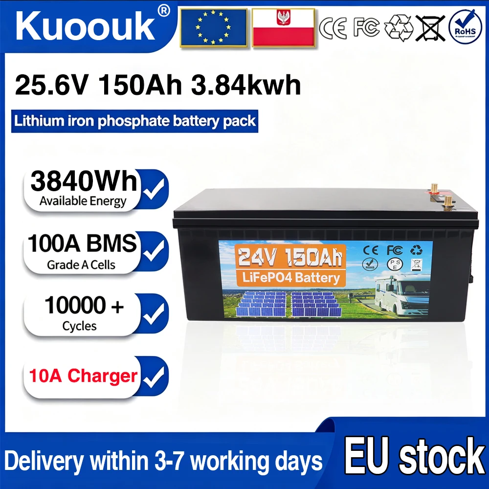 Magazyn w UE 12V 24V 150Ah 100Ah 350AH Bateria LiFePo4 z wbudowanym BMS, ogniwem litowo-żelazowo-fosforanowym, 10000 cykli, do kamperów, wózków golfowych, pojazdów elektrycznych, wózków solarnych, bez