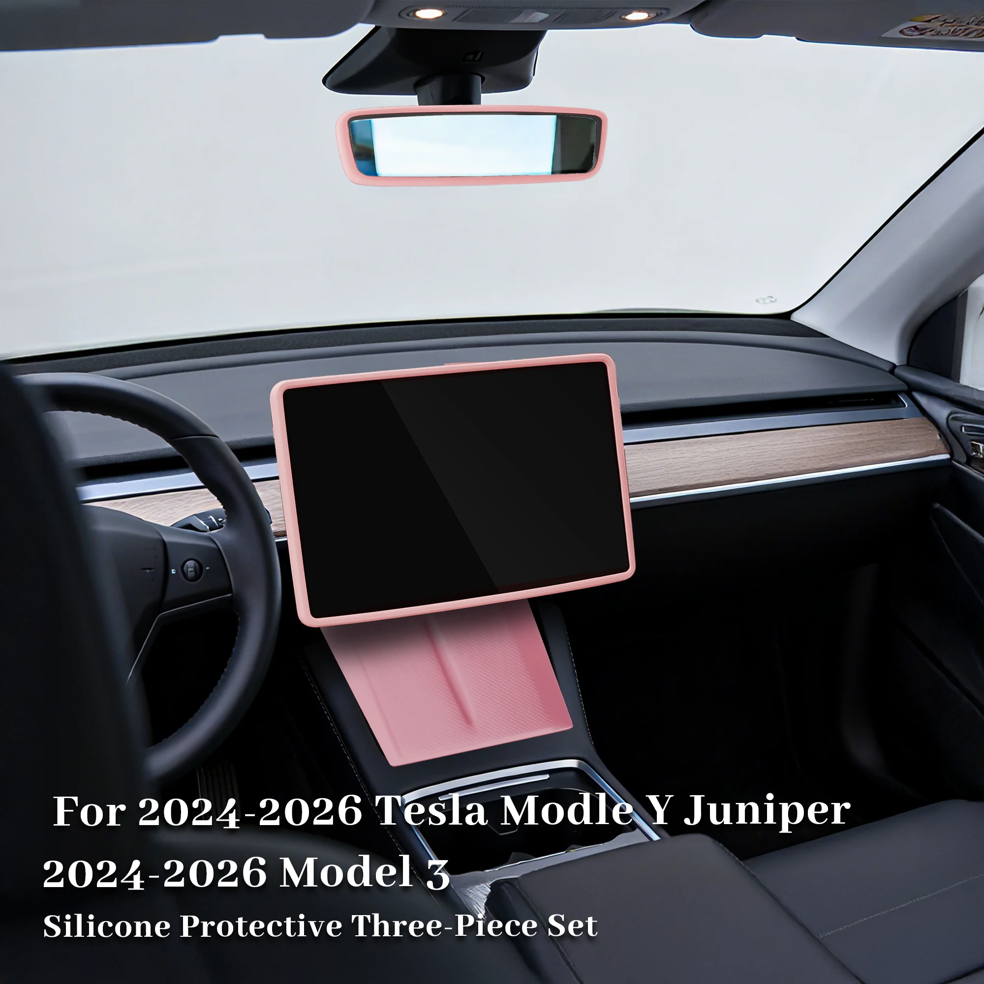 For 2024-2026 Tesla Model 3 & 2025-2026 Model Y Pink Screen Protector, Rearview Mirror Guard, Wireless Charging Pad Interior Accessories
