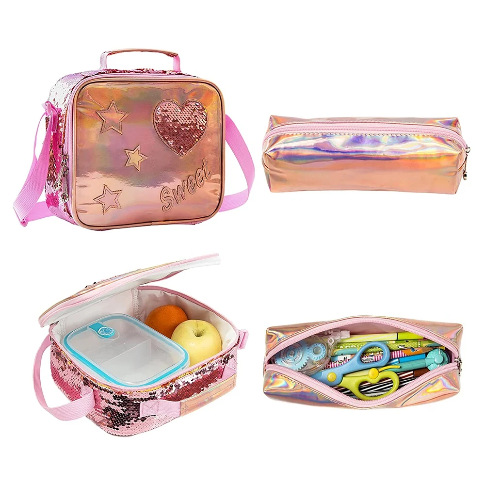 Sac à dos d'école pour fille avec sac à lunch, trousse à crayons, sacs d'école pour enfants, sac à dos scolaire pour adolescente, ensemble de 3 pièces