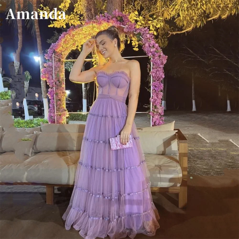 

Amanda Sexy Strapless Prom Dress Elegant Lavender A-line فساتين السهرة Grace Multilayer Sleeveless Vestidos De Noche