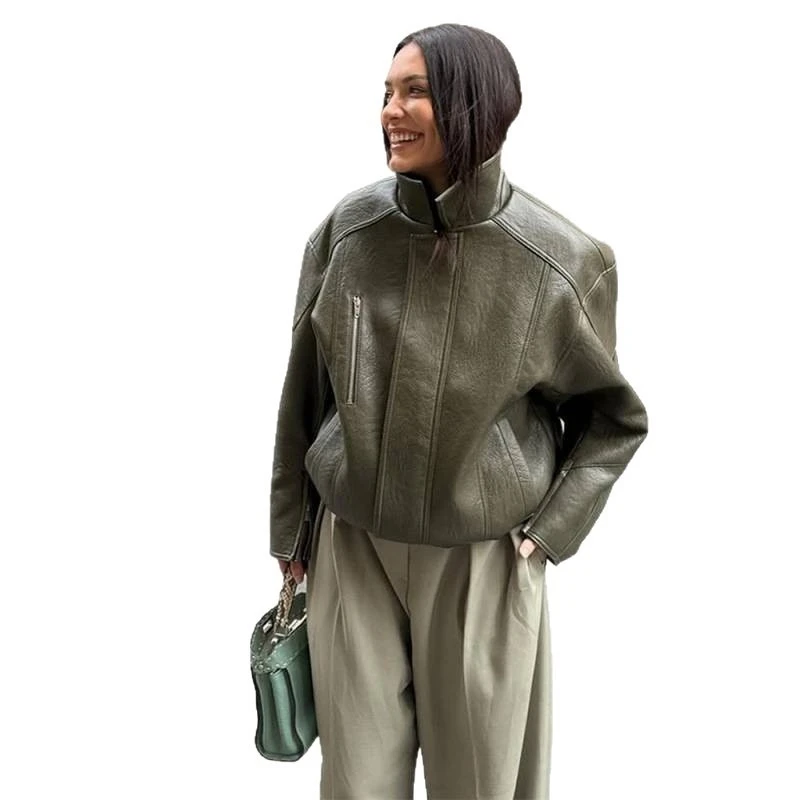 グリーンパッチワークレザーショートジャケットスタンドカラー長袖ルーズミニコート女性のためのカジュアルデイリーストリートウェア秋の女性