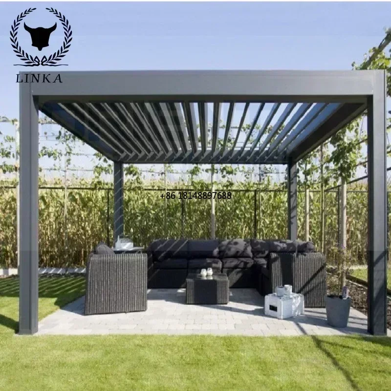 Luxury Gazebo and Pergola Aluminium outdoor motorized Bioclimatic 3x3m 4x4m 5x6m easy install with table and chairs