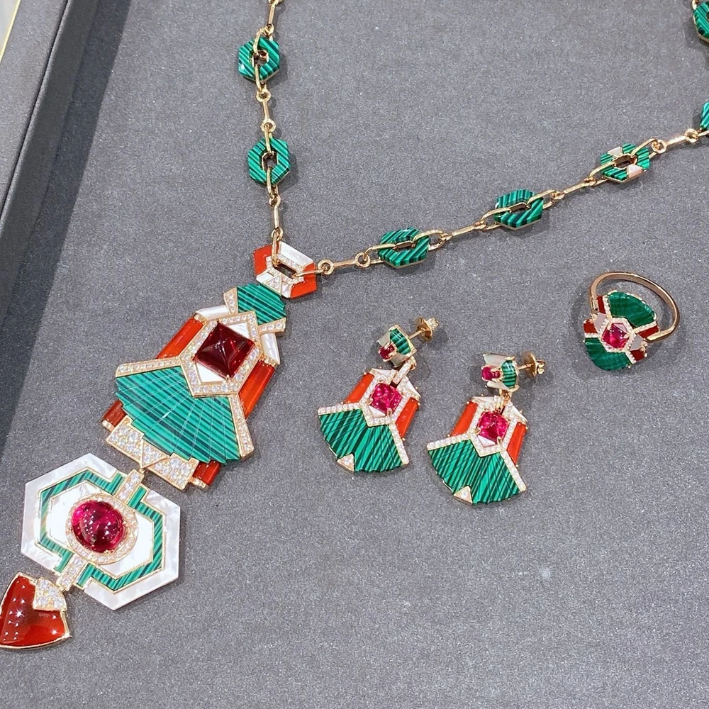 Alta artigianale solido argento 925 agata rossa sintetica verde malachite conchiglia collane di perle orecchini anelli set di gioielli da donna di lusso