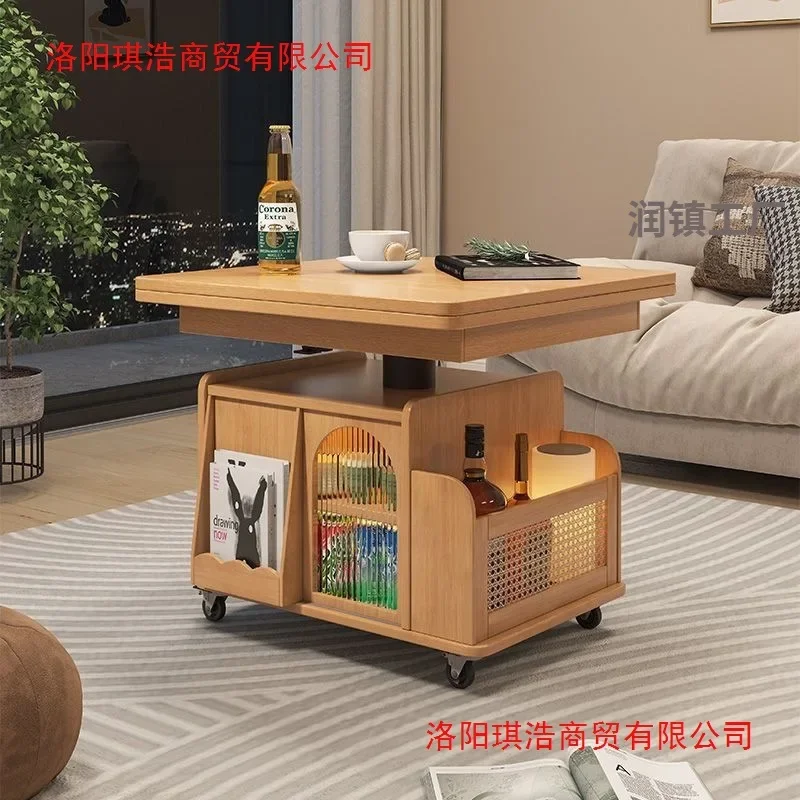 Simple solid wood multi-functional mobile cart coffee Nordic lifting folding tea table dual-purpose small