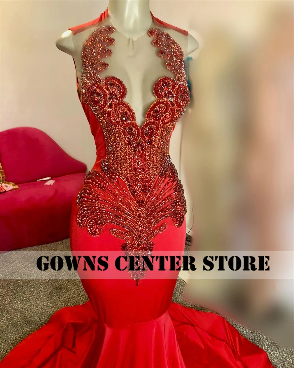 Cheery Red Crystal Beading Long Prom Dresses For Black Girls African Mermaid Birthday Evening Party Gown Robe De Bal Customized