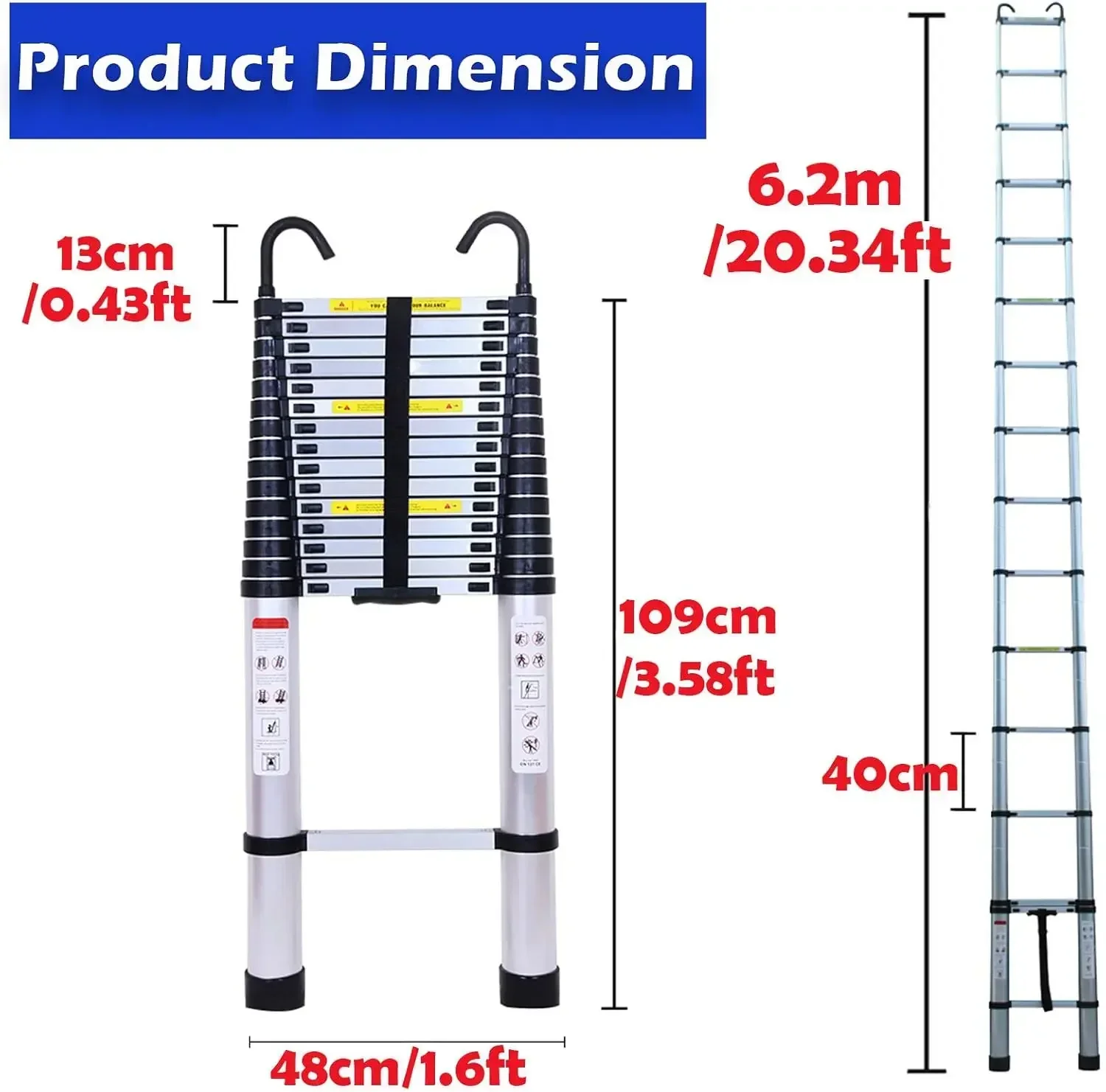 Ladder 20ft 6.2M Aluminum DIY Extension Folding Loft Ladder with 2 Detachable Hooks Anti-Slip Rubber Feet Portable Heavy Duty Fo