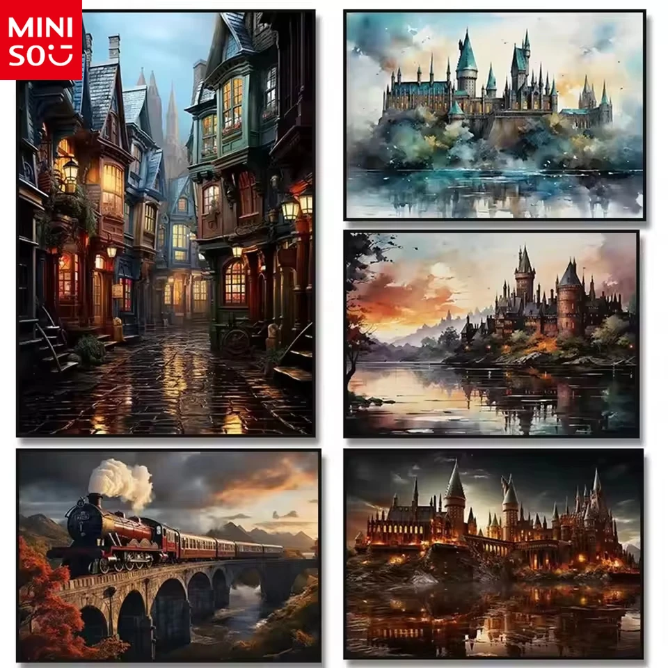 MINISO Ölgemälde nach Zahlen Harry Potter Hogwarts Schloss Zug Schule Diy Fantasy Magic Wizard Eule Buch Wanddekoration Geschenk