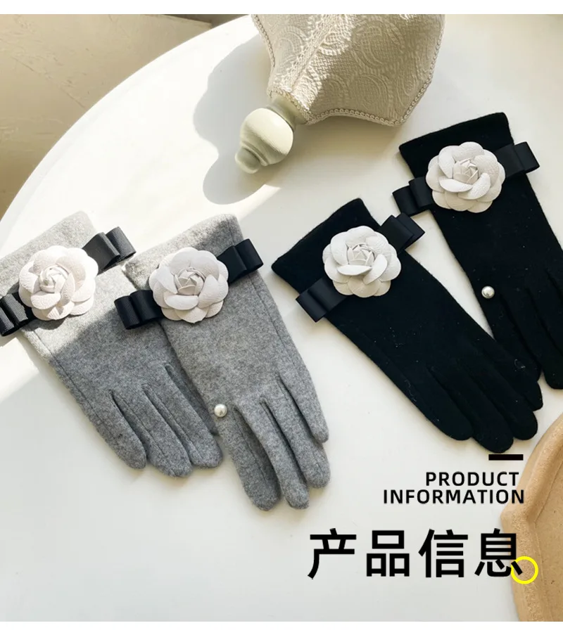 ​ قفازات مزيج الصوف بتصميم جديد لعام 2025 - نمط أنيق بدون أصابع من شريط الكاميليا، شاشة لمس شتوية دافئة، محبوكة فاخرة ​