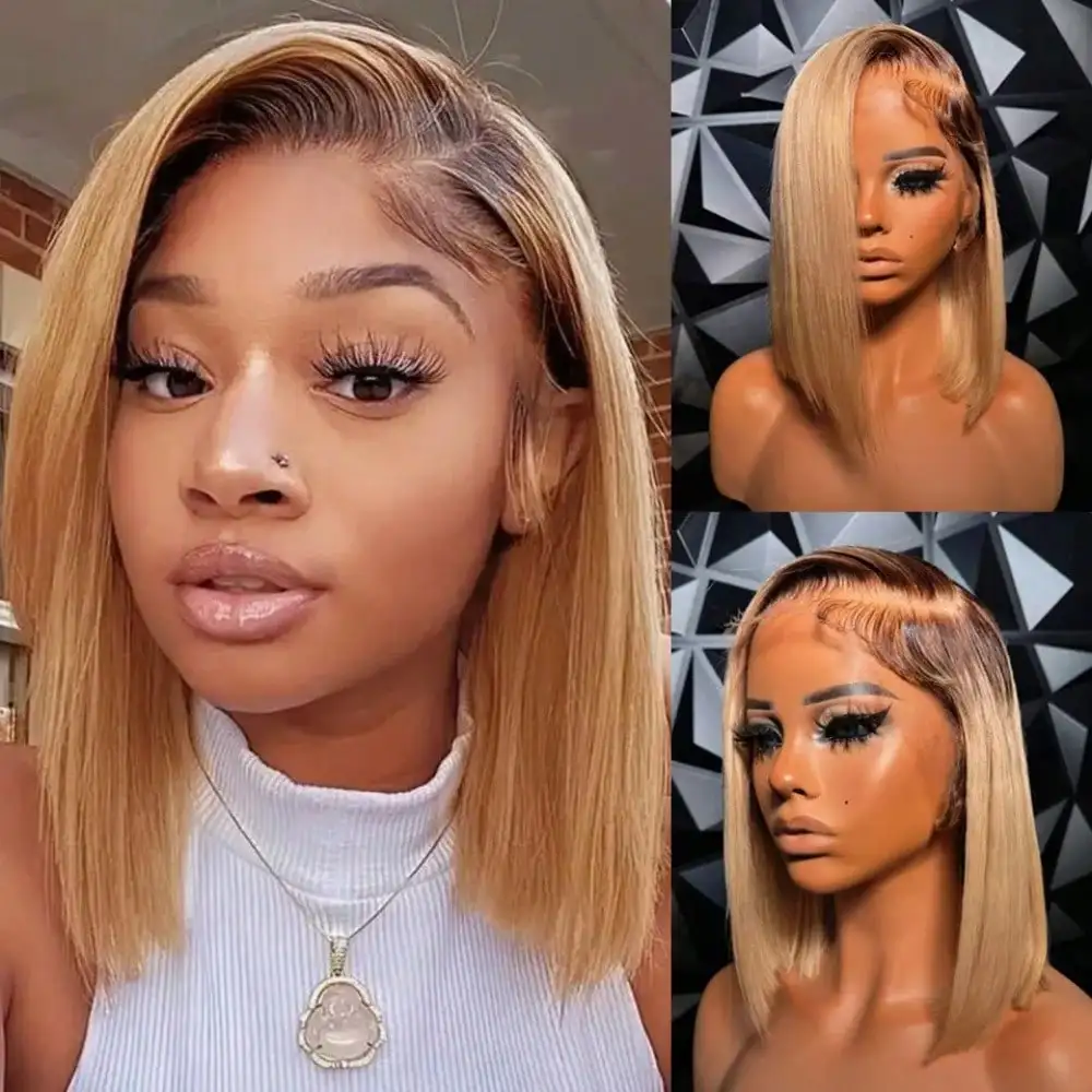 Ash Blonde Ombre Bob Lace Front Wig Human Hair 200 Density Straight Lace Front Wigs Human Hair 13x4 HD Lace Frontal Wig image 2