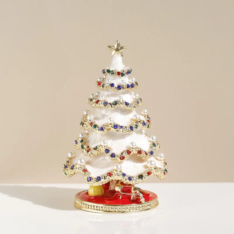 

White Enamel Jewelry Box Christmas Tree Pearl Ornament Storage Decorative Tabletop Ornament Birthday Gift
