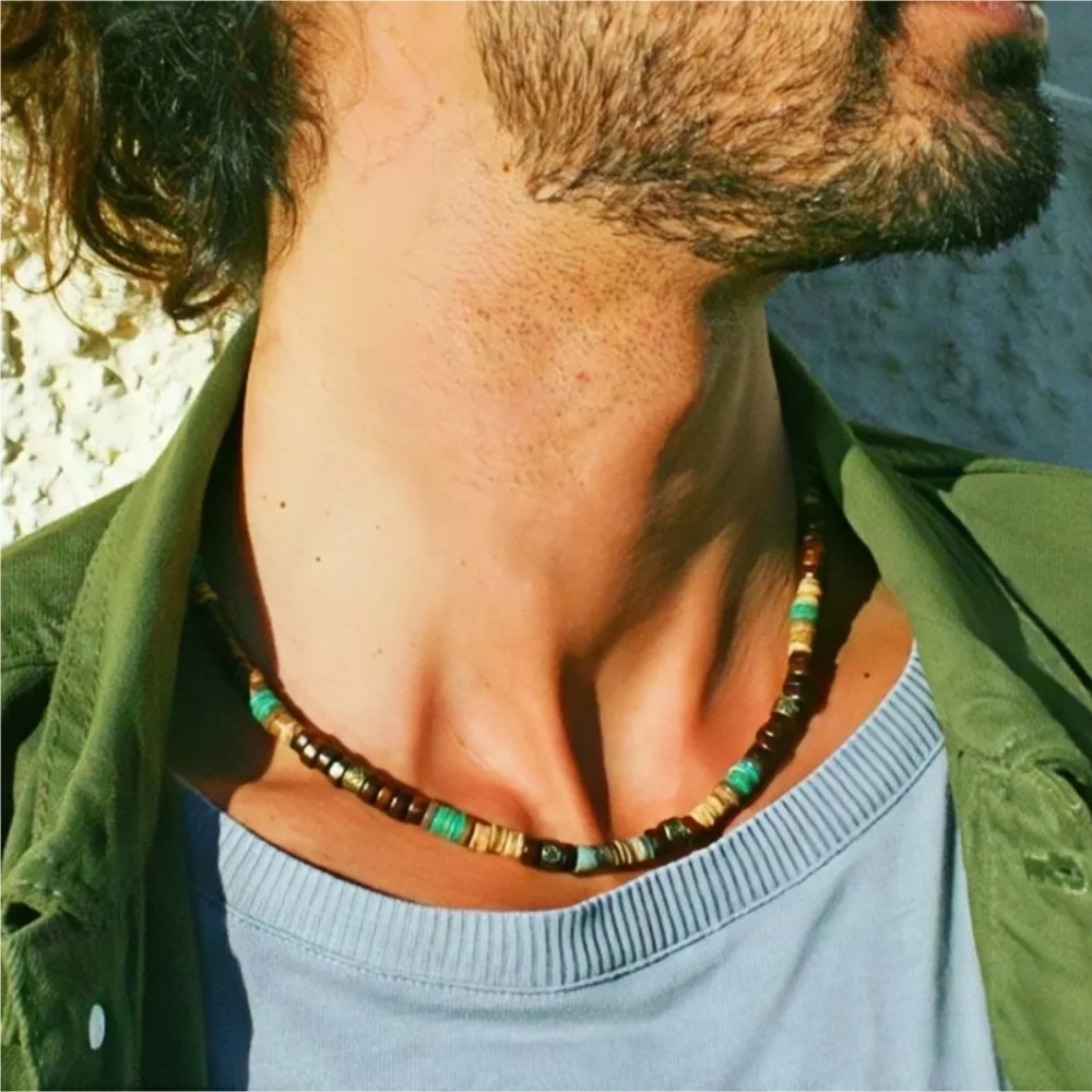 Böhmische Kokosnuss-Holzperlen Polymer Clay Mehrfarbige Choker Vintage Herrenkette Hip-Hop-Schmuck – Detail 1