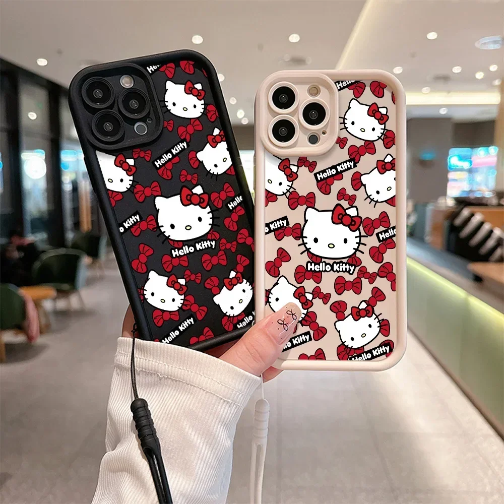 Cute Sanrios Bow Hello Kitty Phone Case for IPhone 15 14 13 12 11 Pro Max Mini XR XS X 7 8 Plus Soft Back Cover With Hand Strap