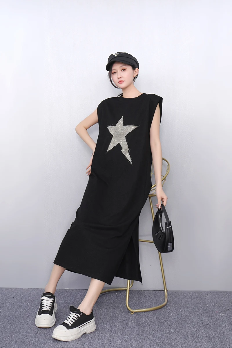 2025 ฤดูใบไม้ผลิฤดูร้อนแฟชั่นElegantพิมพ์หลวมยาวเสื้อยืดผู้หญิงแขนกุดสุภาพสตรีJ1078