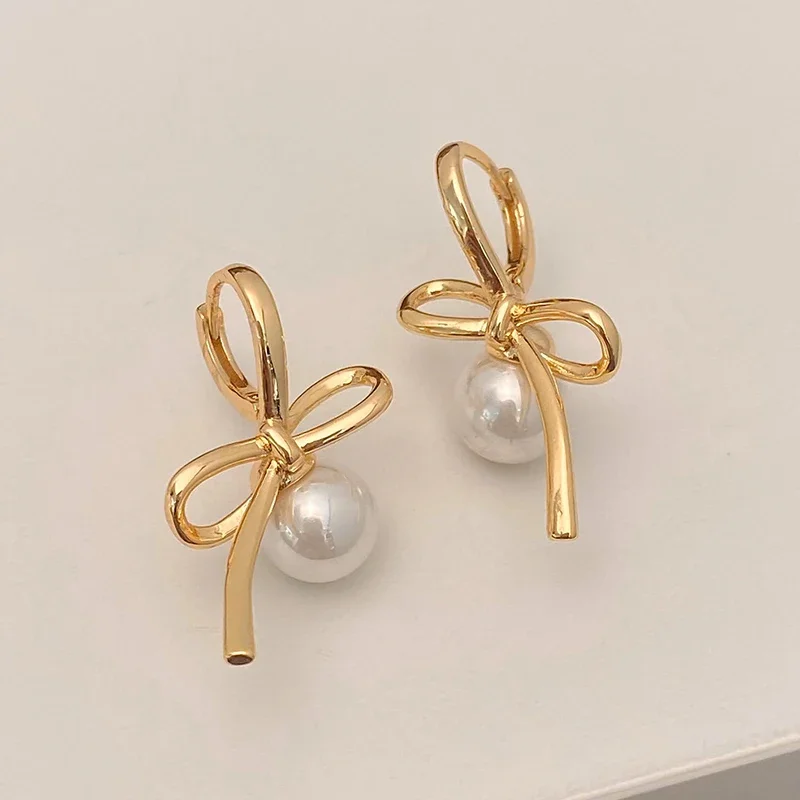 Real 925 Sterling Silver Pearl Bowknot 18K Hoop Earrings for Women Classic Fine Jewelry Light Luxury Accessories