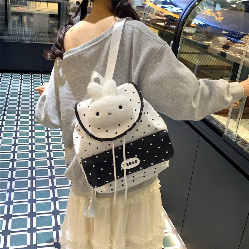 New Cute Polka Dot Rabbit Backpack for Women, Large Capacity Student School Bag, Casual Commuting Lightweight Sweet Backpack