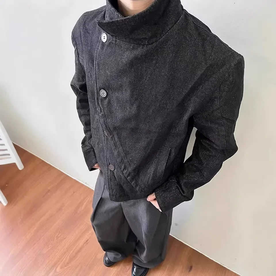 2026 Spring Y2K Denim Jacket Men Women Oversized Short Coat High Neck Turn-Down Collar Asymmetric Button Up Streetwear Cardigan