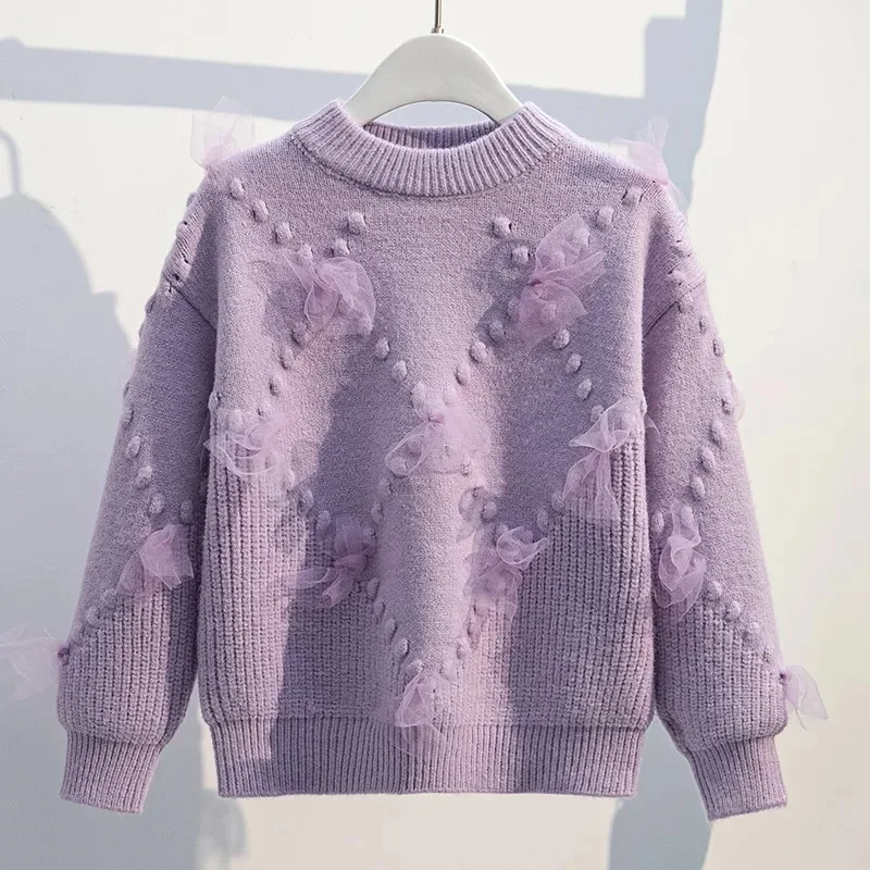 

Autumn Winter New Teen Girls Sweaters Solid Color Bowknot Jacquard Knitted Pullover For 4-12Y Girls Fashion Bottoming Shirt