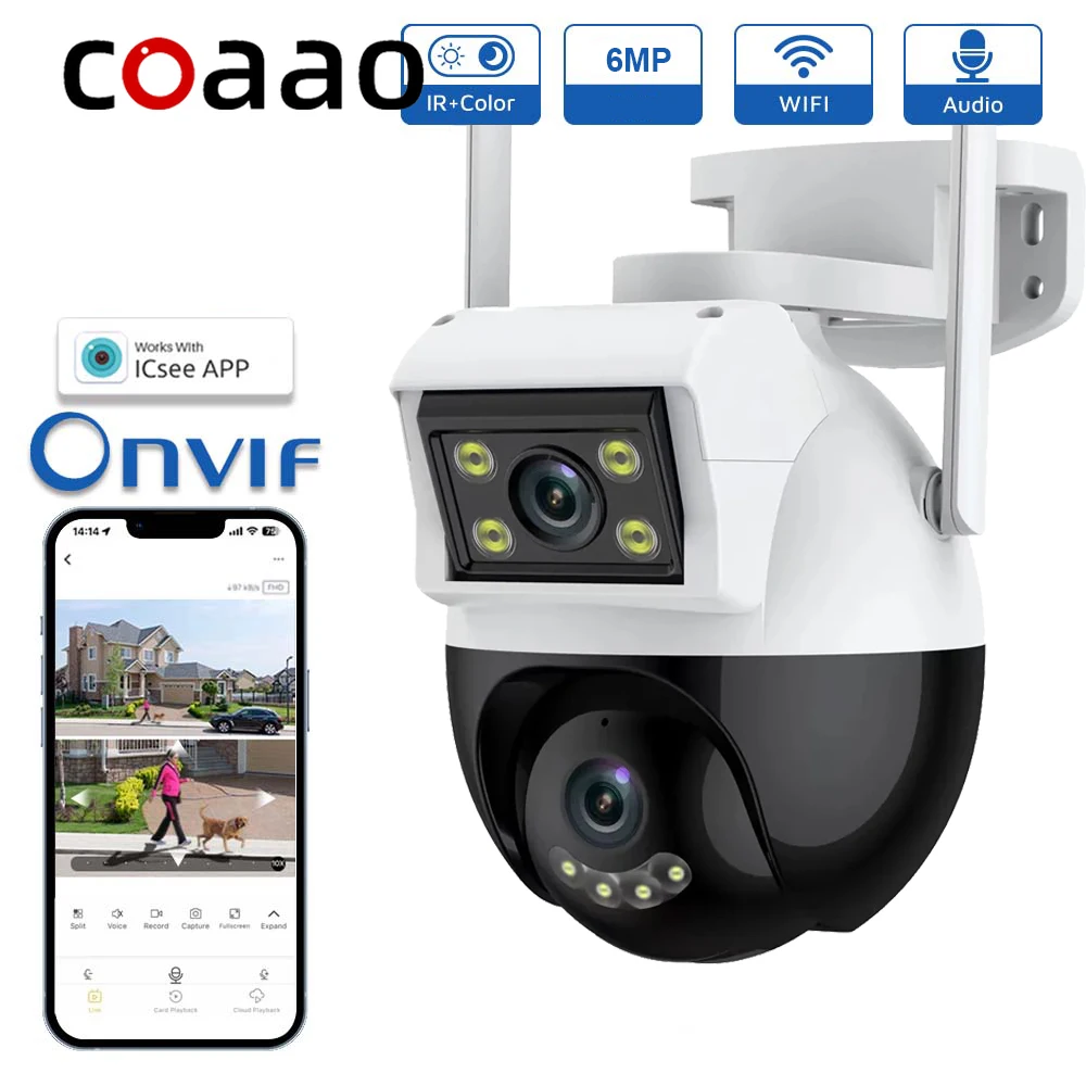 Outdoor Surveillance IP Camera WiFi 6MP Dual Screen ICSEE 3.6mm+6mm Onvif Dual Lens Security Protection CCTV Night Vision