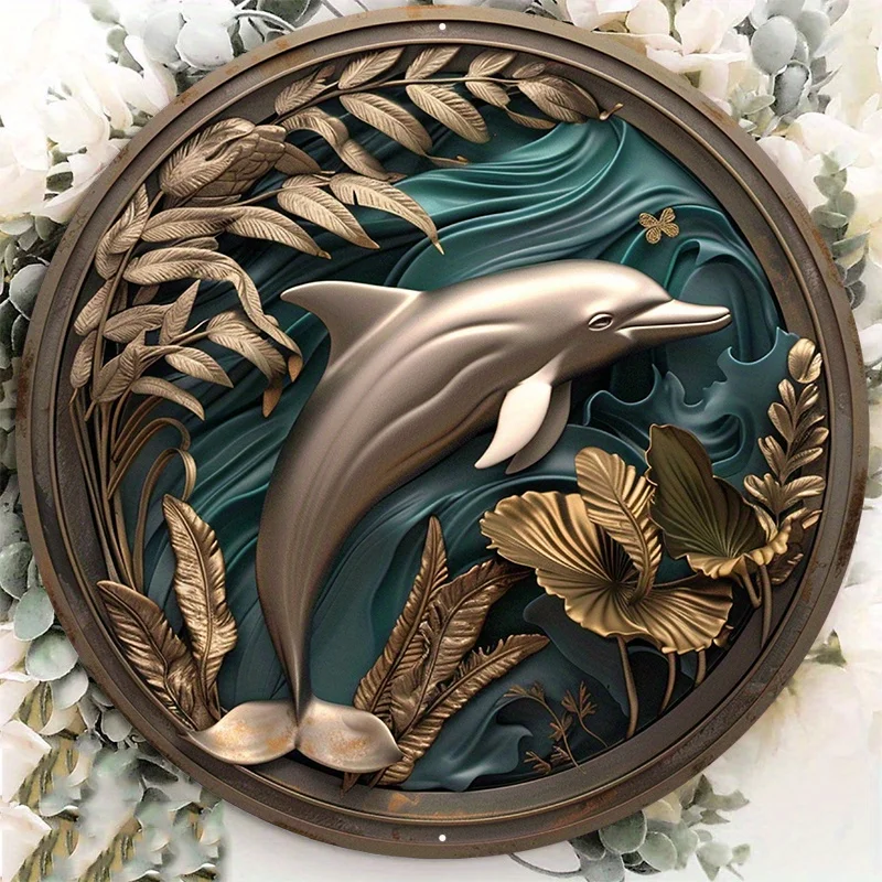 Circular Sculpture with Dolphin Swimming in It Round Mark, Aluminum Metal Sign, Suitable for Wall, Home Decoration, 8in, 11.8in