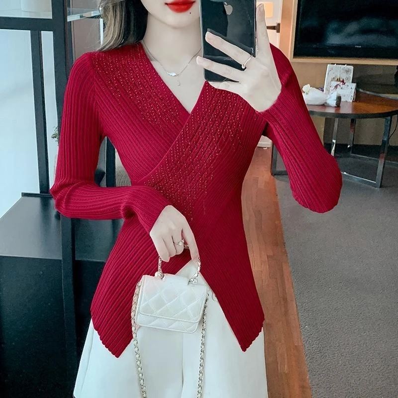Облегающие женские пуловеры со стразами в стиле Харадзюку, одежда для работы, дешевый топ, оригинальный корейский модный осенний женский вязаный свитер