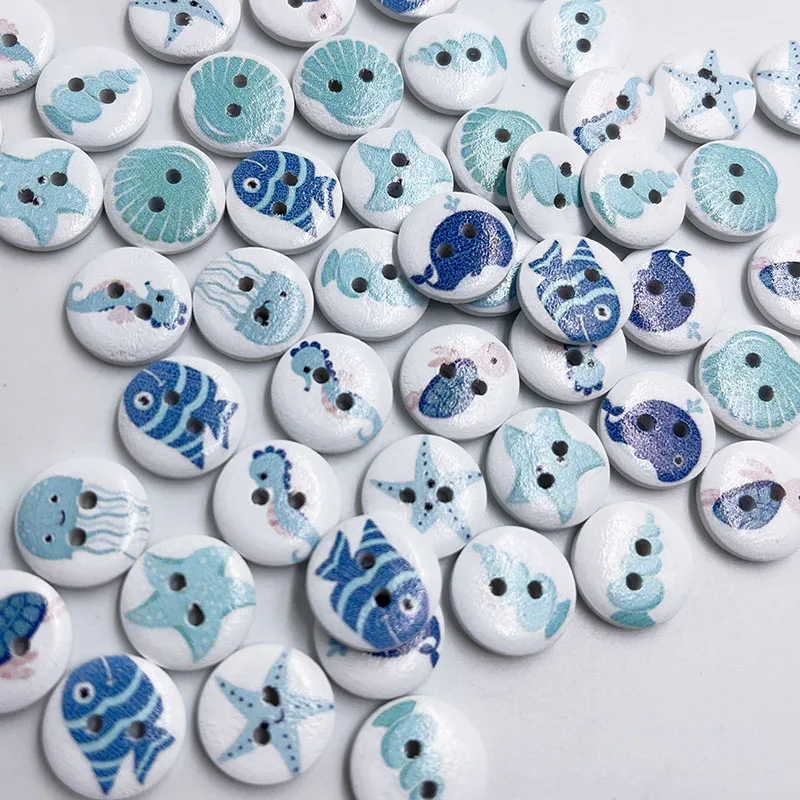 50PCs 15mm Mixed Ocean Sea World Theme Round Wood Buttons Sewing Scrapbooking Clothing Craft Handwork Accessories WB919