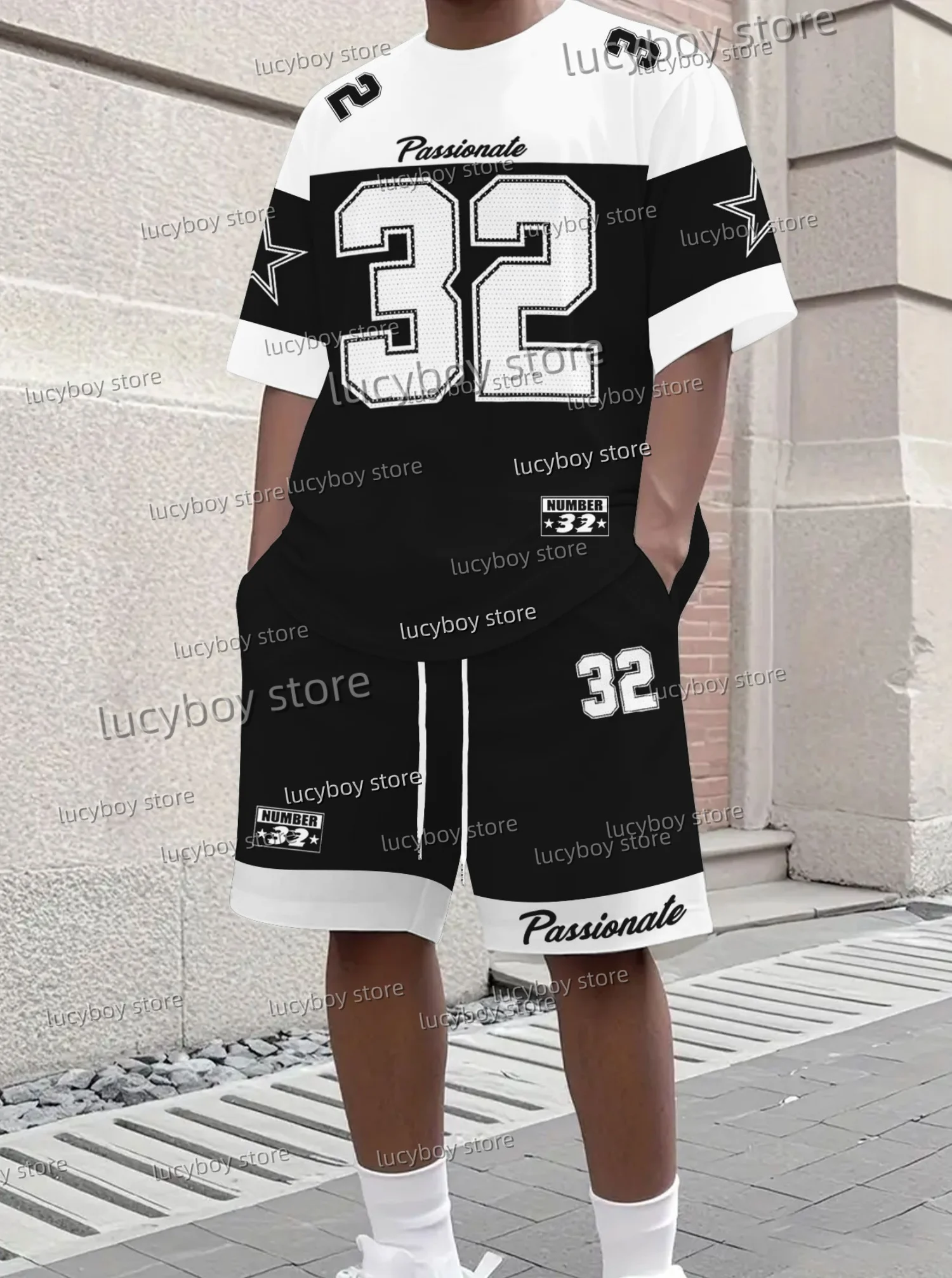 

Adult Sport Jogging Plus Size Tracksuit 2 Piece Set Men' Color Block NO.32 PASSIONATE Print Short Sleeve T-Shirt Shorts Set