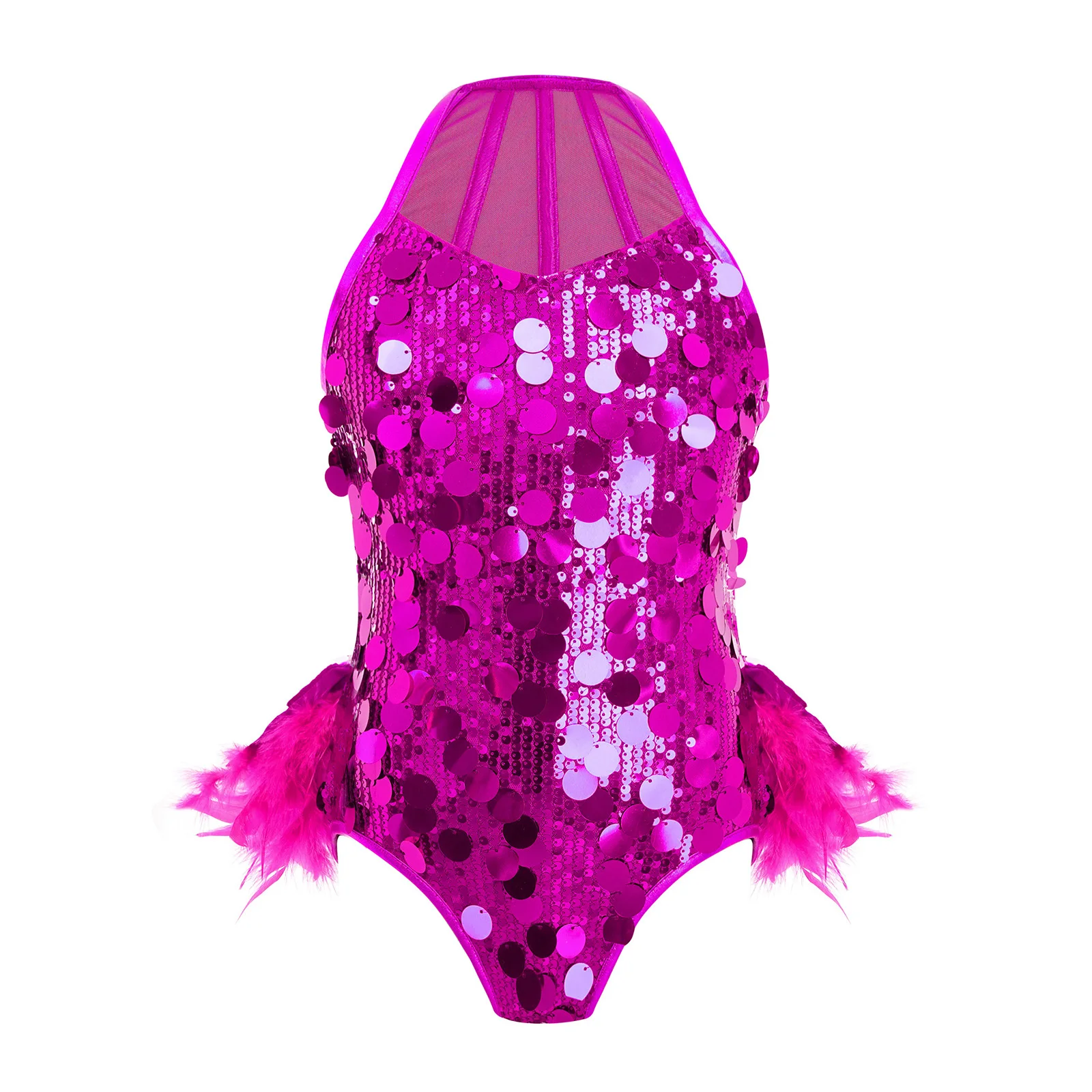 

Купальник-боди для девочек 6-14 лет: балет, джаз, гимнастика, фигурное катание, акробатика. Блестящий, с пайетками, сеткой и перьями, без рукавов.