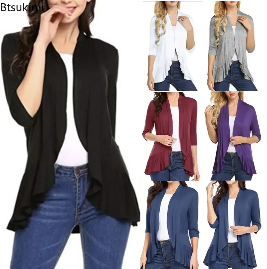 

2024 New Women's Loose Casual Knitted Cardigan Tops Spring Fashion Solid Three Quarter Sleeve Ruffle Hem Thin Simple Coats Femme